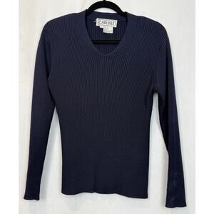 Vintage Carlisle Silk Wool Ribbed V-Neck Sweater Navy Size L